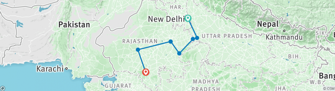 Image of a map showing the route of the tour