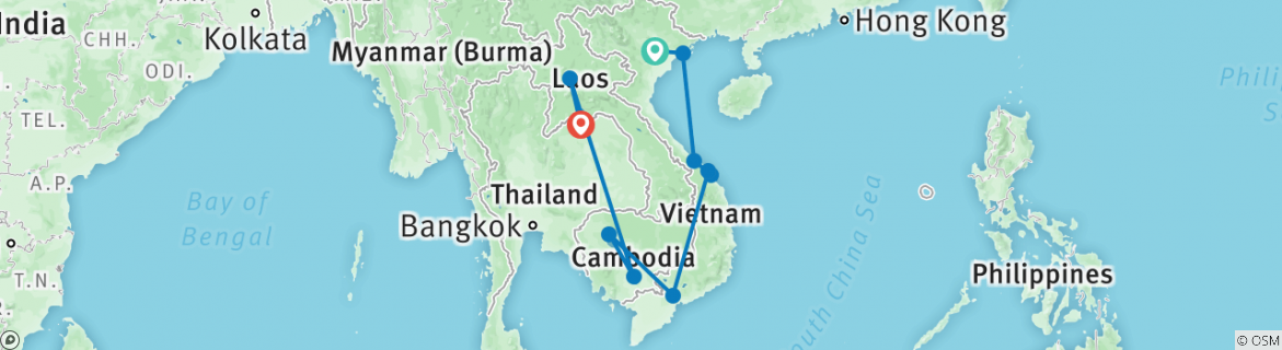Image of a map showing the route of the tour