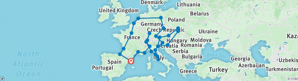 Image of a map showing the route of the tour
