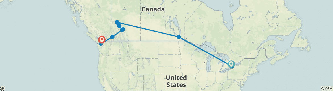 Image of a map showing the route of the tour