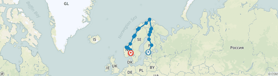 Image of a map showing the route of the tour