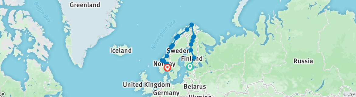 Image of a map showing the route of the tour