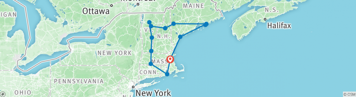 Image of a map showing the route of the tour
