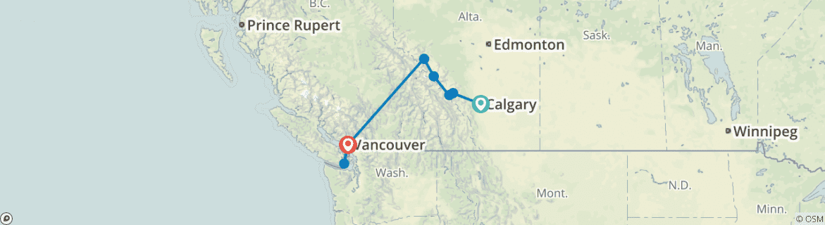Image of a map showing the route of the tour