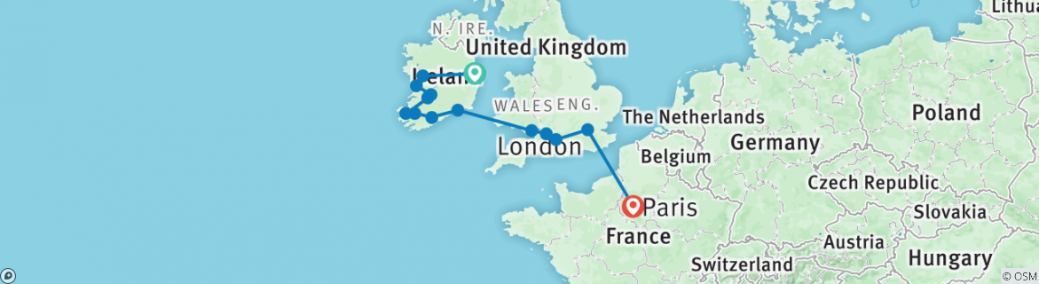 Image of a map showing the route of the tour