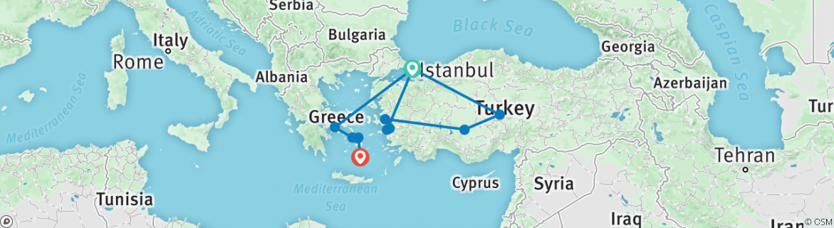 Image of a map showing the route of the tour