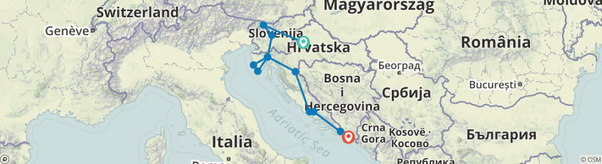 Image of a map showing the route of the tour