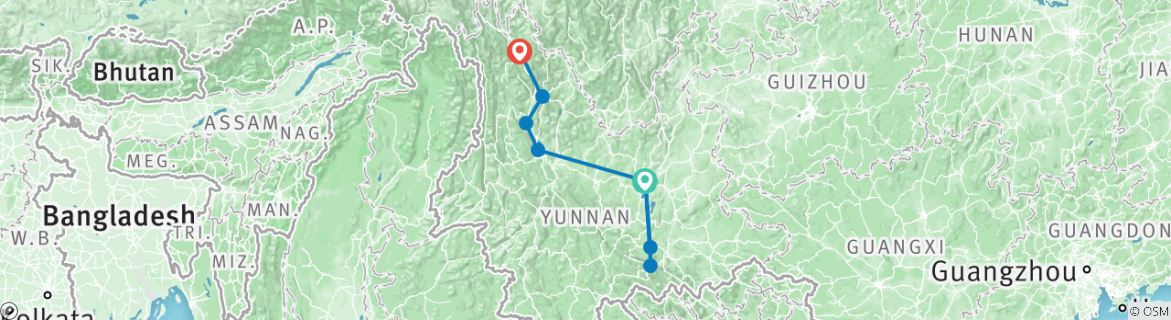 Image of a map showing the route of the tour