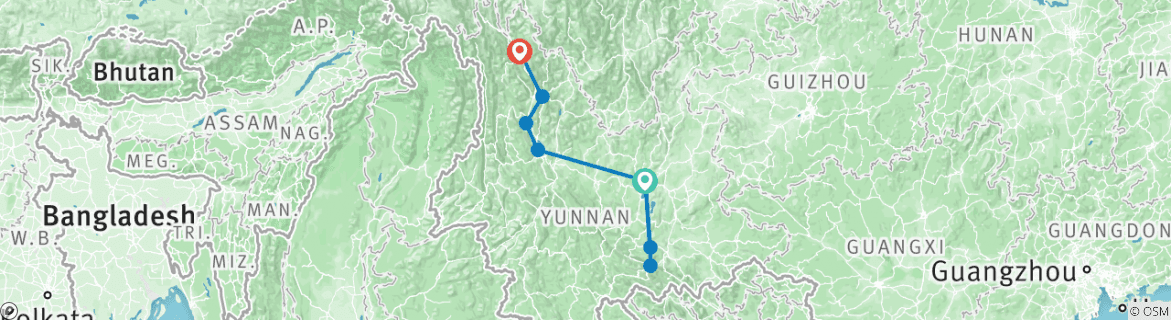Image of a map showing the route of the tour