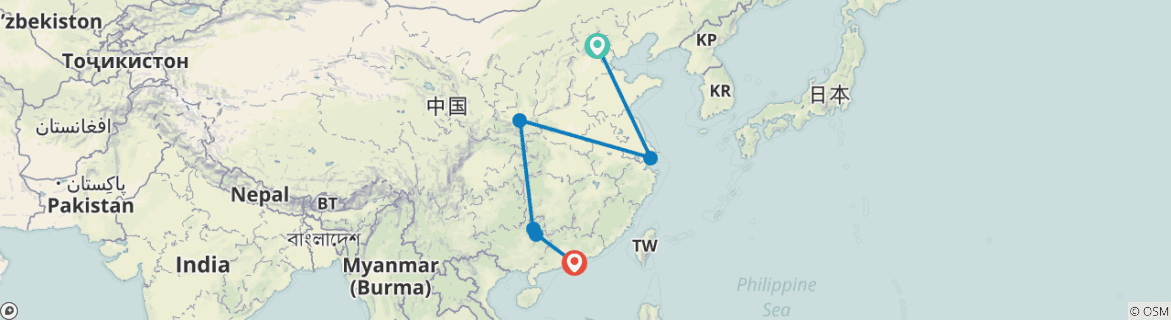 Image of a map showing the route of the tour