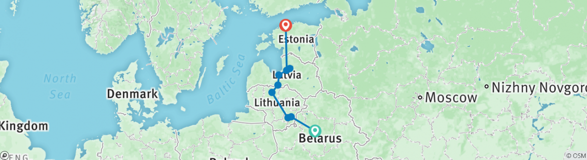Image of a map showing the route of the tour