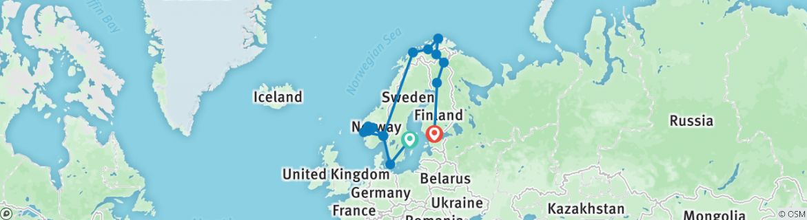 Image of a map showing the route of the tour