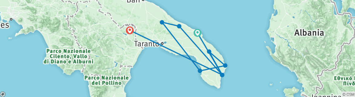 Image of a map showing the route of the tour