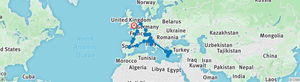Image of a map showing the route of the tour