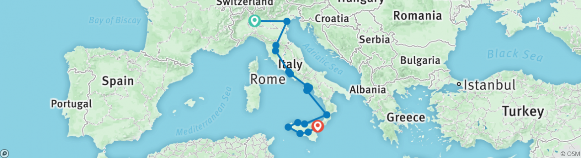 Image of a map showing the route of the tour