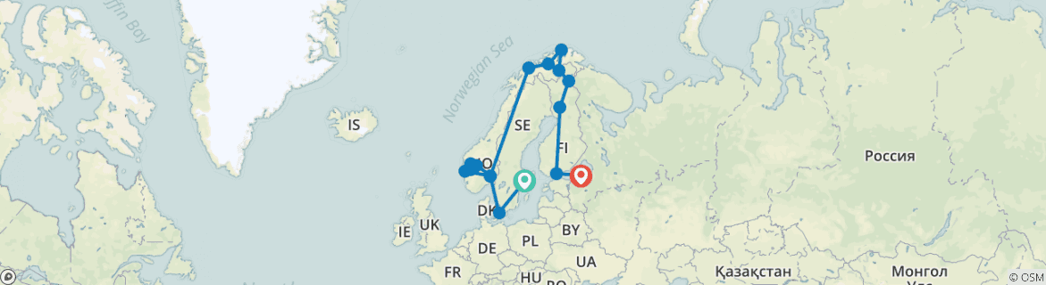 Image of a map showing the route of the tour