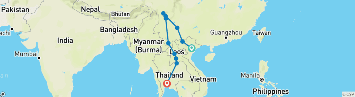 Image of a map showing the route of the tour