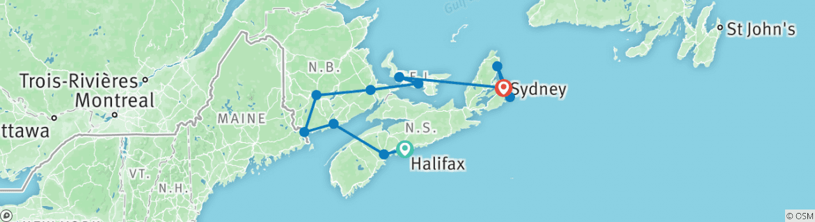 Image of a map showing the route of the tour