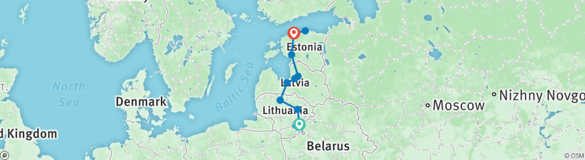 Image of a map showing the route of the tour