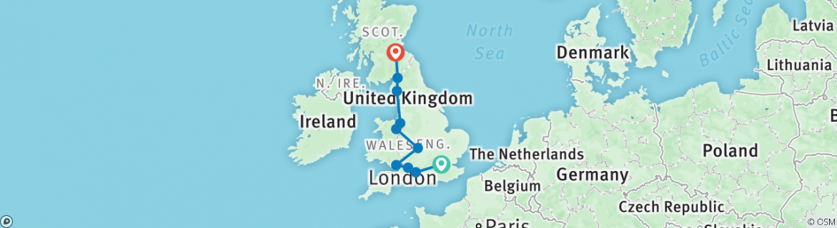 Image of a map showing the route of the tour