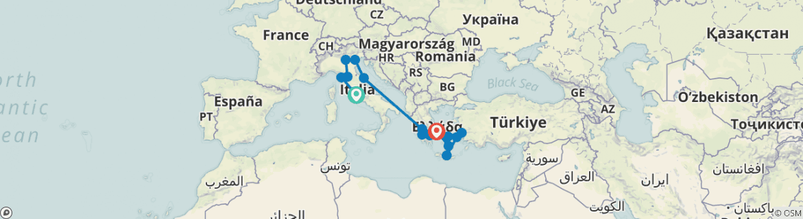 Image of a map showing the route of the tour