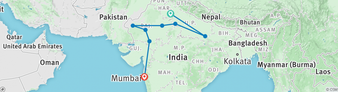 Image of a map showing the route of the tour