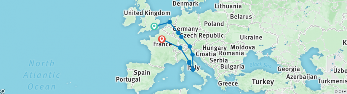 Image of a map showing the route of the tour