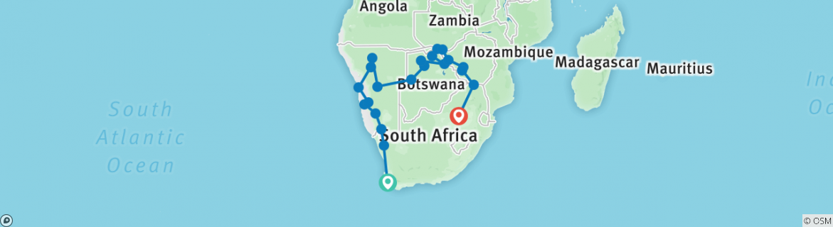 Image of a map showing the route of the tour