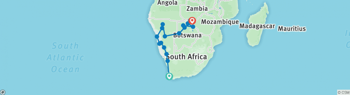 Image of a map showing the route of the tour