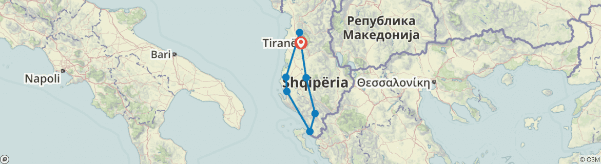 Image of a map showing the route of the tour