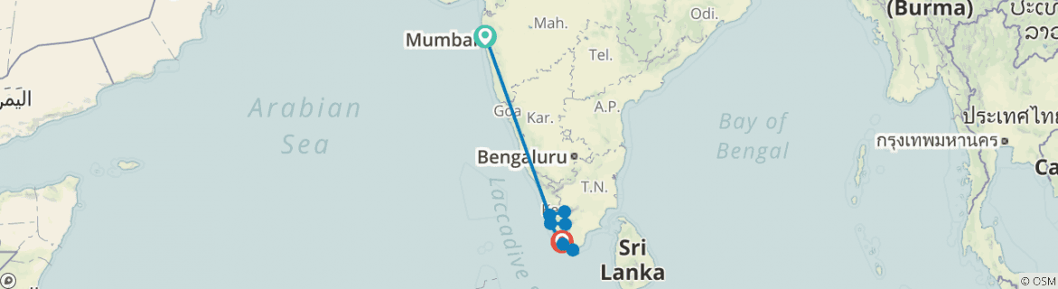 Image of a map showing the route of the tour