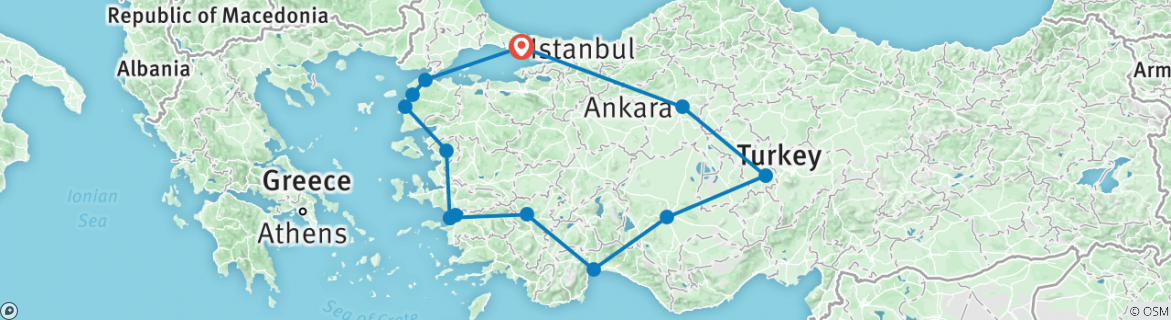 Image of a map showing the route of the tour