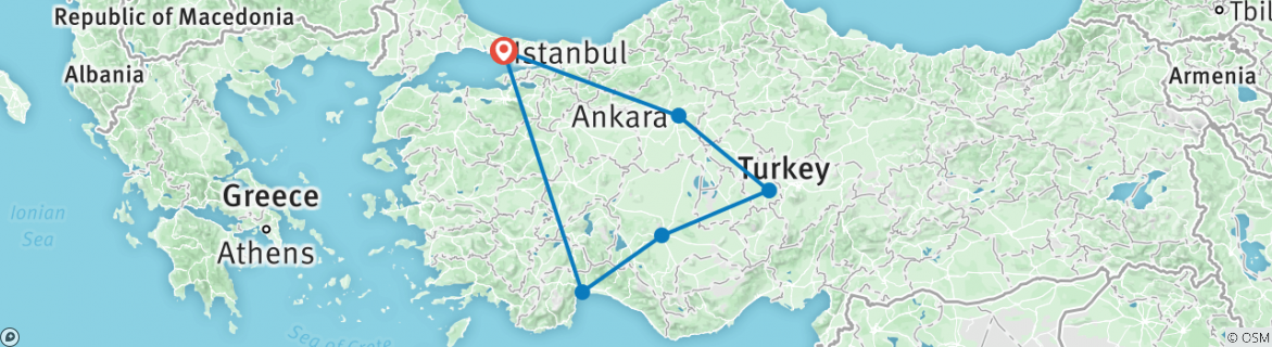 Image of a map showing the route of the tour