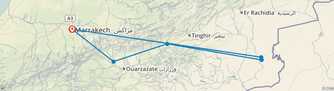 Image of a map showing the route of the tour