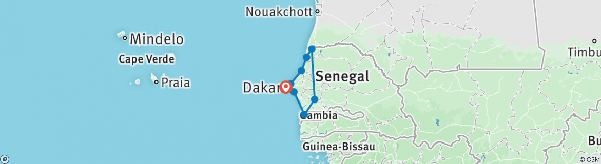 Image of a map showing the route of the tour
