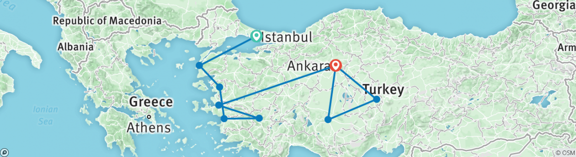 Image of a map showing the route of the tour