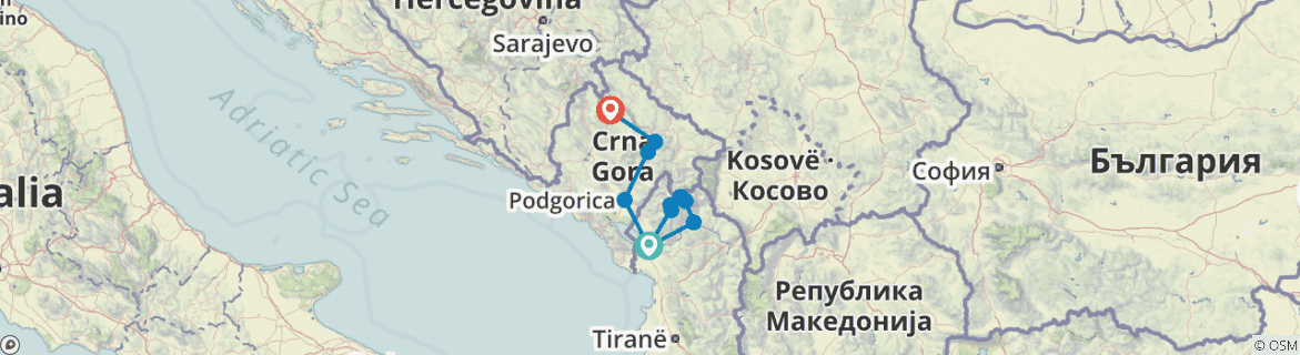 Image of a map showing the route of the tour