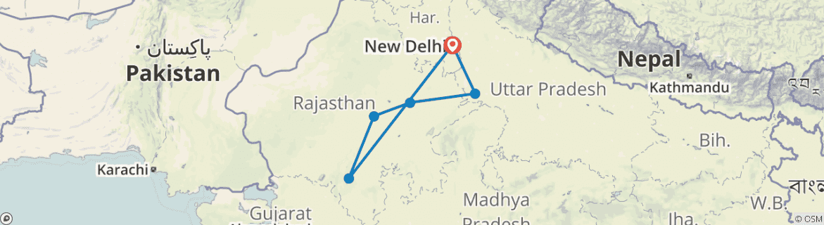 Image of a map showing the route of the tour