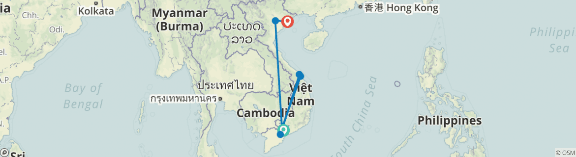 Image of a map showing the route of the tour