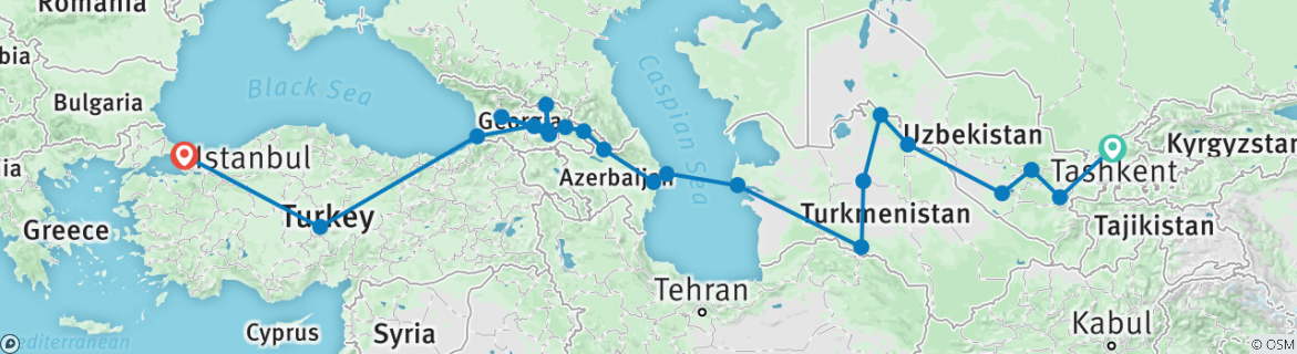 Image of a map showing the route of the tour