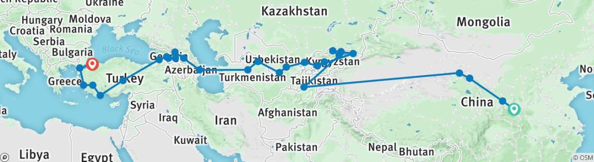 Image of a map showing the route of the tour