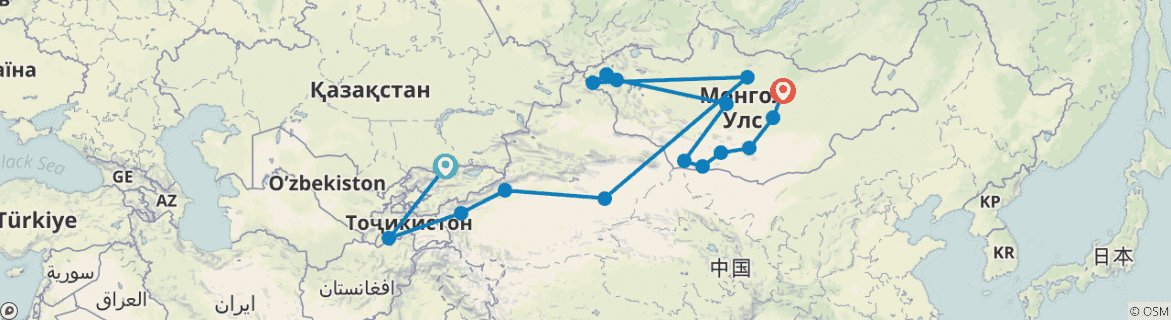 Image of a map showing the route of the tour