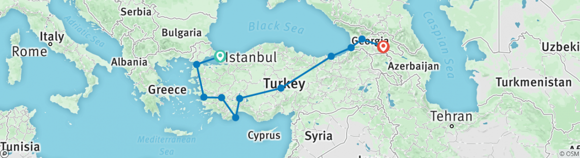Image of a map showing the route of the tour
