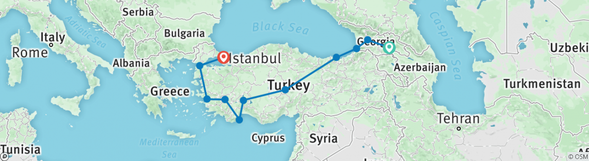 Image of a map showing the route of the tour