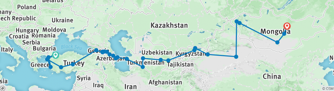 Image of a map showing the route of the tour