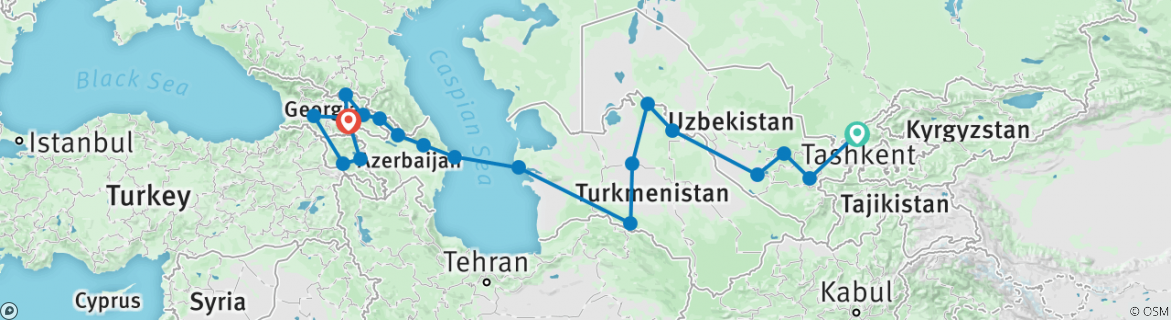 Image of a map showing the route of the tour