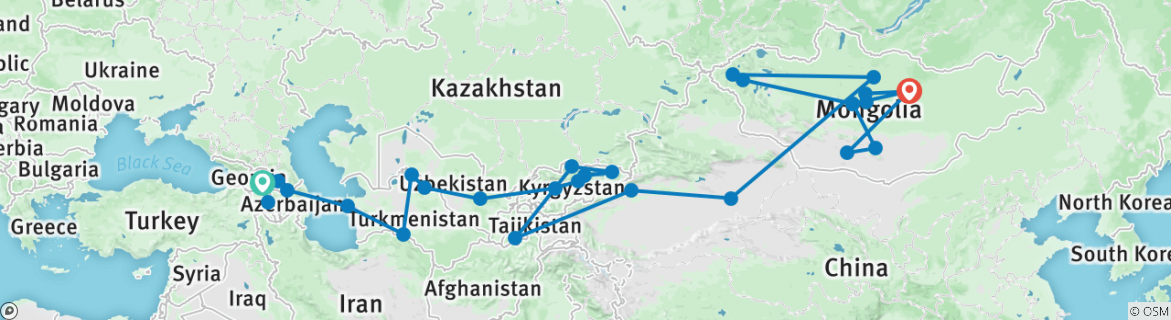 Image of a map showing the route of the tour