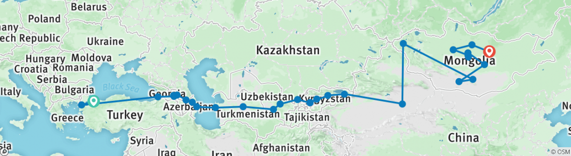 Image of a map showing the route of the tour