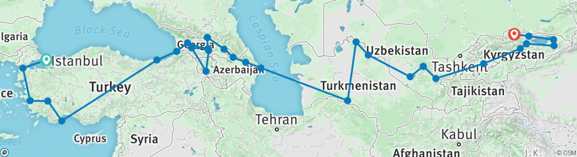 Image of a map showing the route of the tour