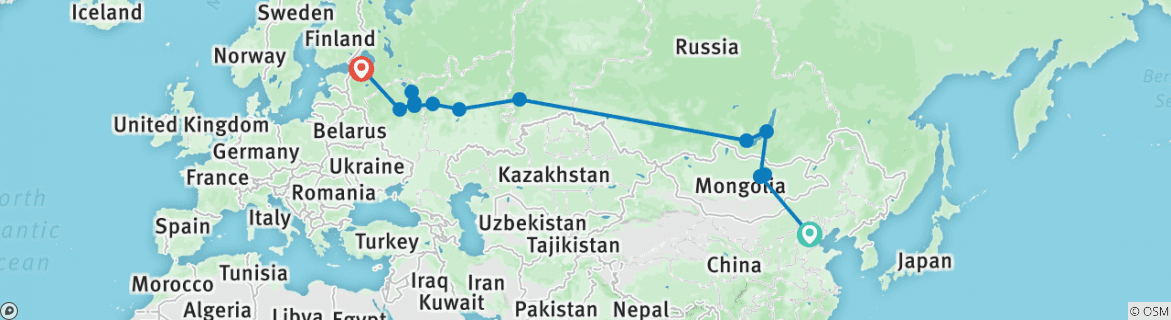 Image of a map showing the route of the tour